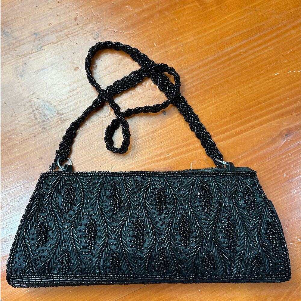 Black Beaded Clutch Evening Bag w/Beaded Strap